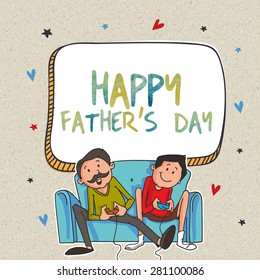 Son and Dad enjoying video game together on colorful hearts decorated beige background for Happy Father's Day celebrations. 