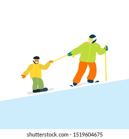 Son and dad on snow hill go skiing. father drags his kid up to mountain top. winter holidays. Skiing.Time together. Colorful vector illustration 
