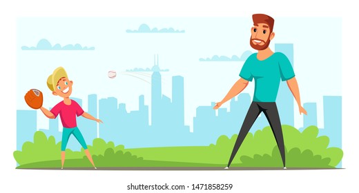 Son And Dad Play Baseball Flat Vector Illustration. Young Father And Smiling Boy Cartoon Characters. Happy Childhood, Fatherhood, Child Catching Ball. Active Recreation, Summer Outdoor Leisure