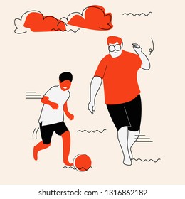 son and dad playing football in flat design. flat people design character