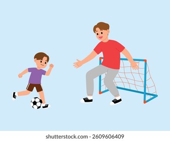 Son and dad playing soccer together, outdoor activity, character vector