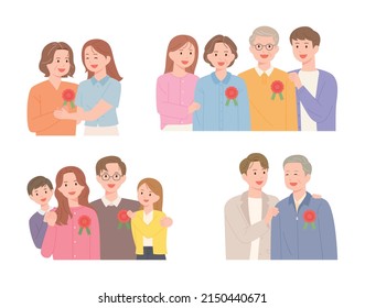 Son and daughter attach carnation brooches to father and mother's chest on Parents' Day. flat design style vector illustration.