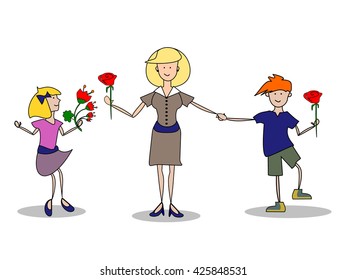 son and daughter give to their mother flowers. mother's day. pupil give flower to their teacher 