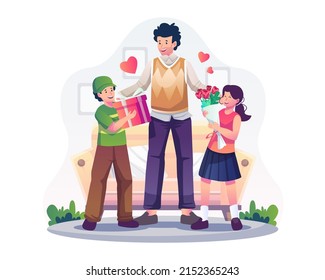 Son and daughter are giving gifts and flowers to their Father on Father's Day. Happy Father's Day Greeting. Flat style vector illustration