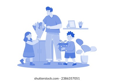 Son And Daughter Are Giving Gifts And Flowers To Father On Fathers Day