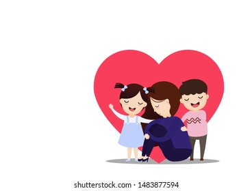 Son and daughter hugging mother while she was sad on heart background. depression. Vector illustration.
