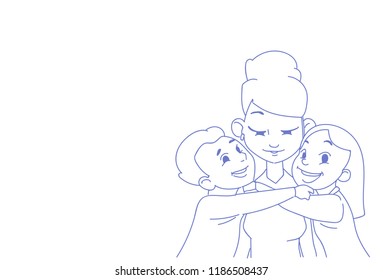 son daughter hugging their mom happy mother's day concept children embracing woman sketch doodle horizontal vector illustration