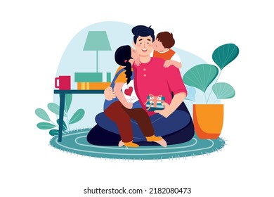 Son and daughter kiss their happy father's cheeks from both sides Illustration concept on white background