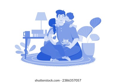 Son And Daughter Kiss Their Happy Father's Cheeks From Both Sides