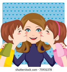 Son and daughter kissing happy mother cheeks from both sides. Mother's day postcard