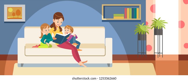 Son and daughter with their mother sit on sofa and read book in room. Bedtime Story. Concept motherhood child-rearing. Vector illustration