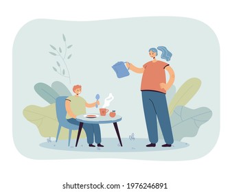 Son eating breakfast cooked by mother. Woman with kettle pouring water in cup, child at table flat vector illustration. Family, parenting, breakfast concept for banner, website design or landing page