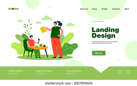 Son eating breakfast cooked by mother. Woman with kettle pouring water in cup, child at table flat vector illustration. Family, parenting, breakfast concept for banner, website design or landing page