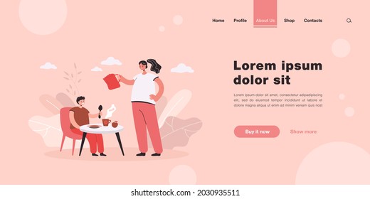 Son eating breakfast cooked by mother. Woman with kettle pouring water in cup, child at table flat vector illustration. Family, parenting, breakfast concept for banner, website design or landing page