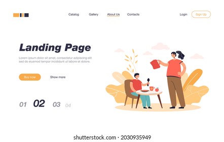 Son eating breakfast cooked by mother. Woman with kettle pouring water in cup, child at table flat vector illustration. Family, parenting, breakfast concept for banner, website design or landing page