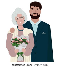 The son embraces his elderly mother with love, gave her a bouquet of flowers, a happy family. Mother's Day, children congratulate their mothers on the holiday. Vector illustration.