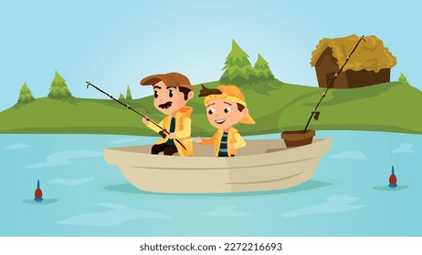 Son and father activity. Leisure time activity with parent. Fishing illustration vector.
