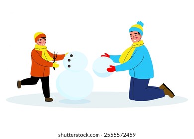 Son and father build a snowman and feel happy. Boy and man making a snowman. Vector illustration in flat style on a white background.