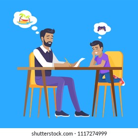 Son and father dreaming and planning family budget, isolated on blue background people sitting on chairs by wooden table and thinking about goals