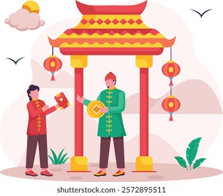 Son father Exchanging Coin and Red Envelope concept, lai see for special occasion vector design, Chinese New Years Beginnings scene, Zodiac Wood Snake 2025 banner, China Spring Festival illustration