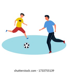 
Son, father, football, running, great design for any purpose. Vector holiday illustration. Outdoor activities. Family game cartoon flat illustration. A happy family.