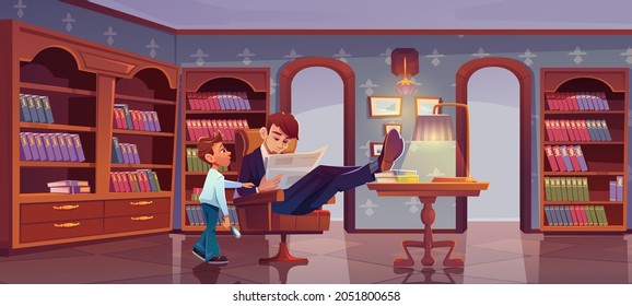 Son And Father At Home Library. Son Trying To Attract Attention Of Busy Dad Businessman Reading Newspaper . Boy Stand Near Man Sitting With Legs On Table Read Publication, Cartoon Vector Illustration