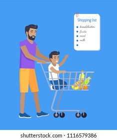 Son and father making purchases by shopping list vector illustration isolated on blue background, cheerful people checking product from sheet of paper