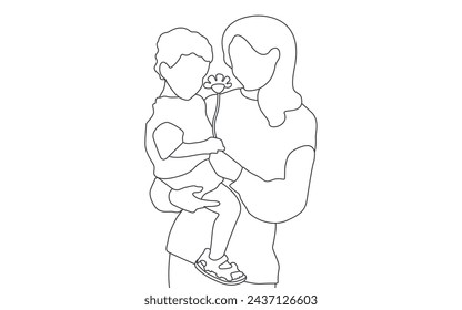 Son with a flower in his mother's arms. Family in vector, outline style.
