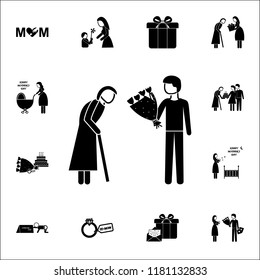 son gives adult mother flowers  icon. Mother's Day icons universal set for web and mobile