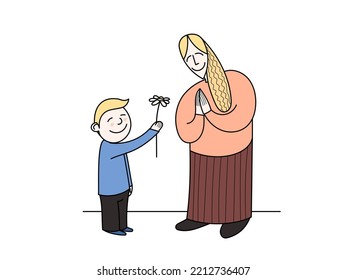 The son gives a flower to his mother. Mom is happy to receive a gift from her son and smiles in emotion. Flat graphic vector illustration isolated on white background.