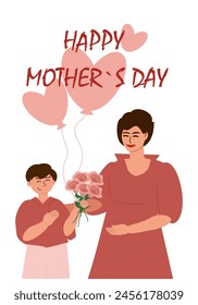 The son gives his mother a bouquet of flowers and heart-shaped balloons and congratulates her on the holiday. Mothers Day. Vector illustration, greeting card, vertical banner