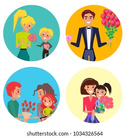 Son gives his mother flowers, man with roses and diamond, father gives tulips to wife, mother and daughter with bouquet vector illustrations set.