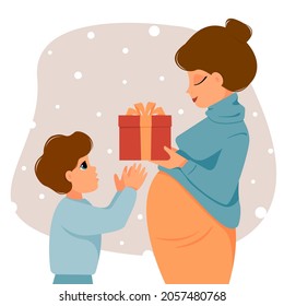 Son gives mom Christmas present. Pregnant woman gives gift to child. Concept of celebrating new year, birthday. Vector illustration of flat style characters.