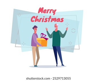 Son giving Christmas present to his father vector illustration. Merry Christmas lettering on abstract background. New Year, holiday, family, celebration concept for banner or poster design