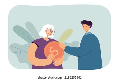 Son Giving Gold Coin To His Old Mother Flat Vector Illustration. Young Man Helping Elderly Woman Financially. Love, Care, Support, Charity Concept For Banner, Website Design Or Landing Web Page