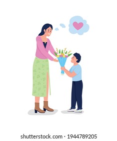 Son giving mother flowers flat color vector detailed characters. Boy surprising smiling mom with bouquet. Mothers day isolated cartoon illustration for web graphic design and animation