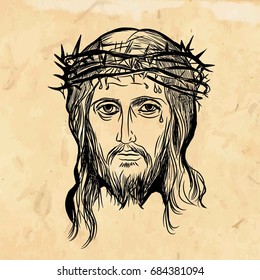 Son of God Jesus Christ, with a crown of thorns on his head, a religious symbol of Christianity on a vintage Biblical old background. Vector illustration