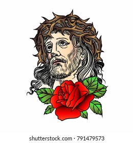 Son of God Jesus Christ. Tatto red rose, with a crown of thorns on his head. Vector illustration