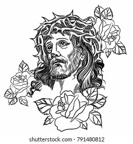 Son of God Jesus Christ. Tatto rose, with a crown of thorns on his head. Vector illustration