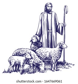 Son of God, the Lord is my shepherd, Jesus Christ with a flock of sheep, symbol of Christianity hand drawn vector illustration sketch