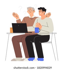 Son, grandson help or teach his dad or drandfather to work with computer or laptop. Senior people study or have problems with new technology. Old people assistance in distant work or online shopping. 