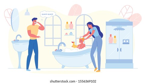 Son Having Bath with Duck, Mother Washing Child.