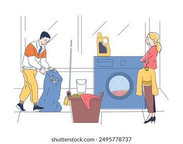 Son help in household. Boy puts garbage into bag in bathroom. Little helper in household chores and routine. Teen with domestic tasks. Linear vector illustration isolated on white background