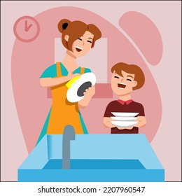 Son help Mom to wash dishes in the kitchen. Childhood concept. Cartoon Vector Illustration. 