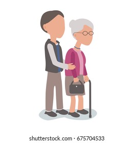 Son Helping Elderly Mother - Family Assist Concept - Vector Characters Body Parts Grouped And Easy To Edit - Limited Palette
