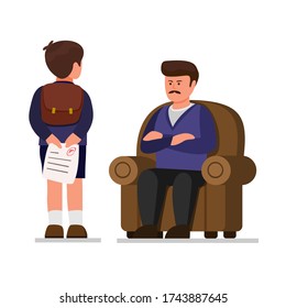 son hiding exam paper bad grades from parent, child bring bad grades and fail in study class cartoon flat illustration vector isolated in white background