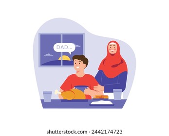 A son and his mother are at home eating Suhoor, calling his father to come. Character design. Vector flat illustration
