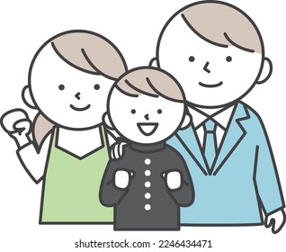 A son and his parents wearing the school uniform. Parents encouraging a student taking an entrance exam.