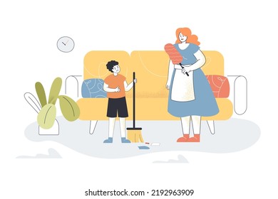 Son Holding Dust Mop To Help Mother Clean House. Happy Boy Cleaning Dirty Floor Of Living Room Flat Vector Illustration. Housework, Family Concept For Banner, Website Design Or Landing Web Page