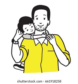 Son hugging his dad around neck  concept father   son relationship  parenting  father's day holiday   Vector illustration character  outline sketch drawing  doodle  cartoon  